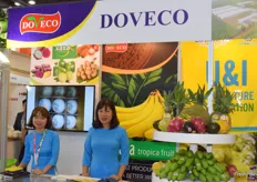 Mrs Dinh Thu Huong (sales & purchase manager) and her colleague are presenting DOVECO.